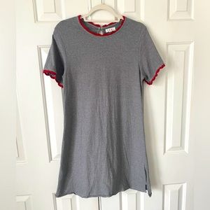 Black and white stripe mini dress with red trim